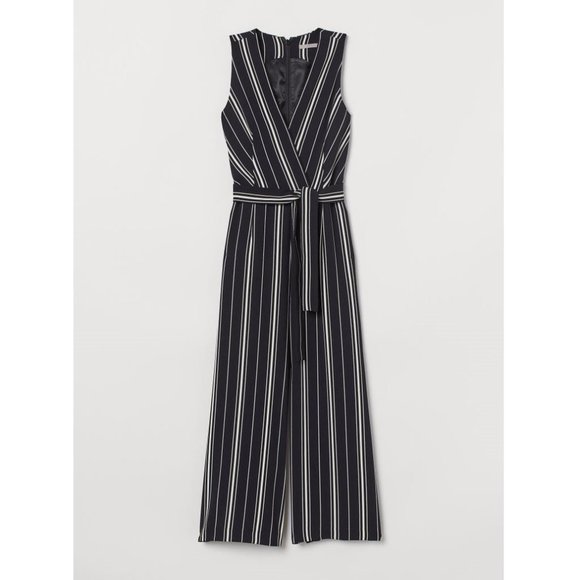 H&M Tie-belt Jumpsuit Black/white striped - Picture 1 of 4